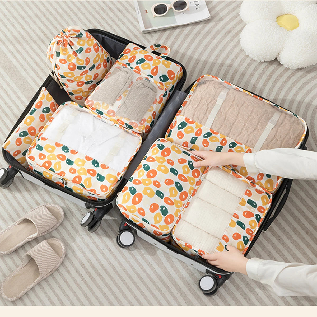 7PCS Travel Packing Cube Printed Cartoon Travel Storage Bag Clothes Shoes Toiletries Sorting Storage Bag for Luggage Suitcase