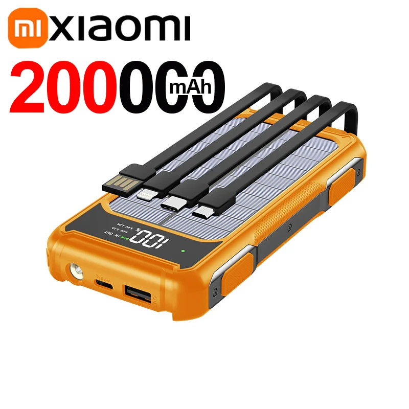 Xiaomi 200000mAh Large Capacity Solar Power Bank 4 in 1 Built in Cable Fastcharge Mobile Power Battery LED Light iPhone Samsung