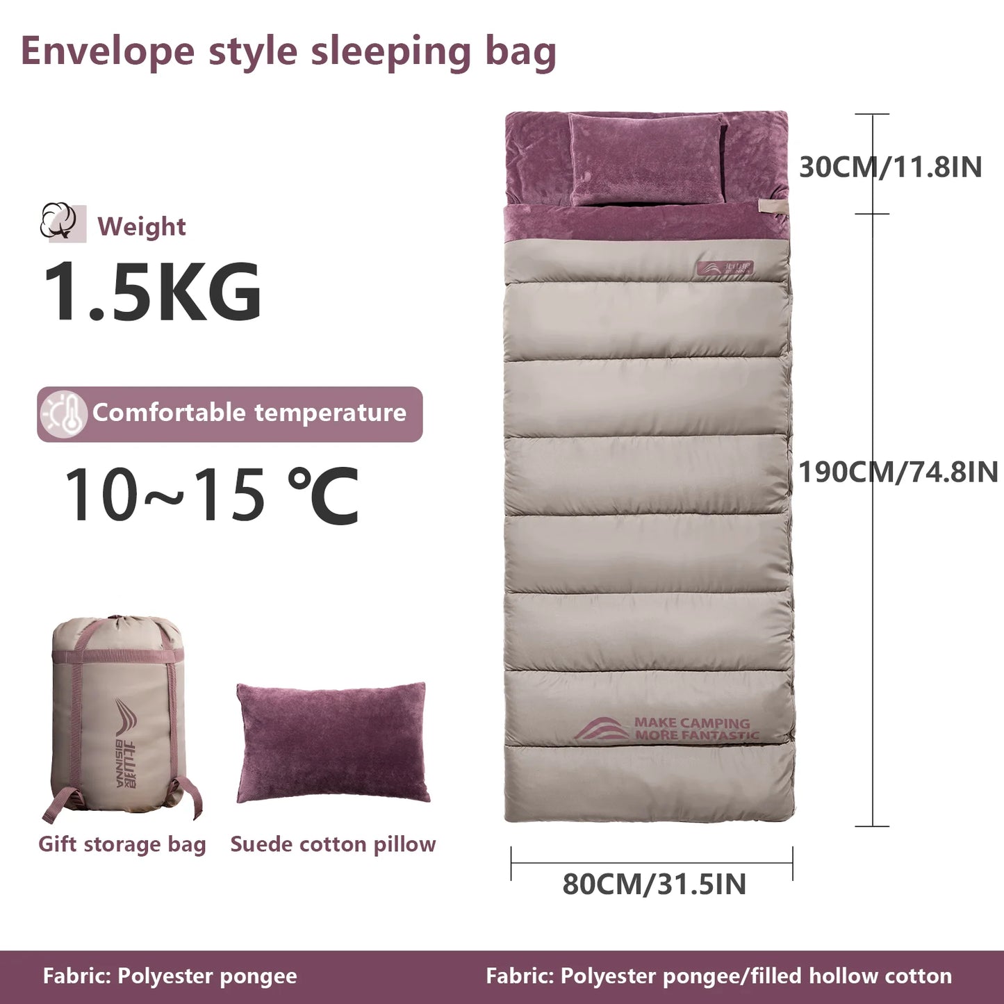BISINNA Portable Camping Sleeping Bag Lightweight Short Velvet Cotton Winter Sleeping Bag With Pillow Outdoor Traveling Hiking