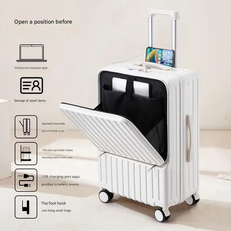 Luggage Large Capacity Trolley Case Universal Wheel Handheld Travel Suitcase Front Open Boarding Box Usb Charging Trolley Case