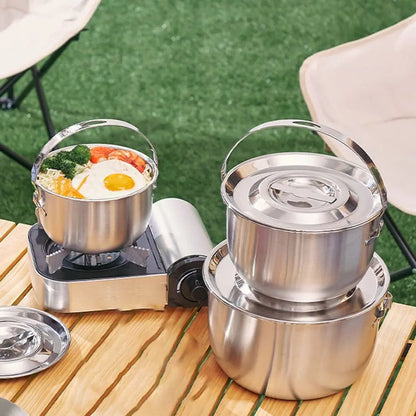 Stainless Steel Outdoor Camping Pot with Handle and Lid 17-26cm Hanging Camping Cookware Durable Multifunctional