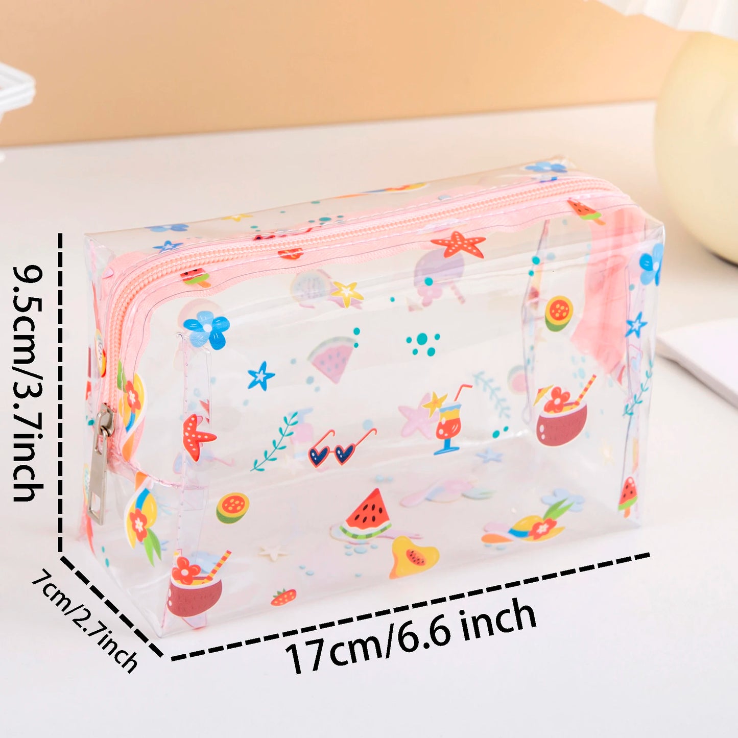 Summer Cute Waterproof Clear printing Cosmetics Bag PVC Zippered Toiletry Carry Pouch  for  Beach Swimming Travel