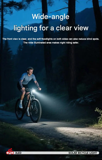 Solar Charging Bicycle Front Light, Wide-Angle 3 LED Headlight MTB Road Bike Flashlight Easy to Install