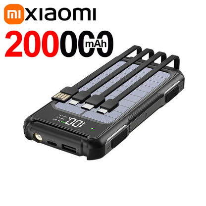 Xiaomi 200000mAh Large Capacity Solar Power Bank 4 in 1 Built in Cable Fastcharge Mobile Power Battery LED Light iPhone Samsung