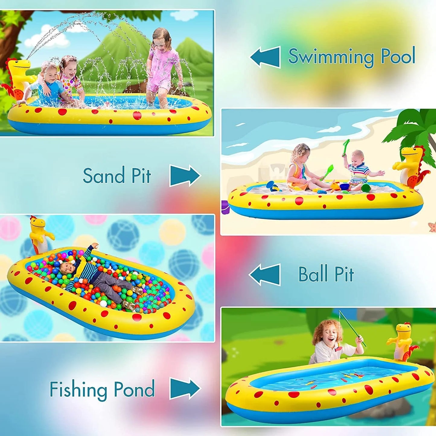 1.7m Inflatable Swimming Pool, Dinosaur Shape, PVC  Material, Outdoor Bath Lawn, Water Toy Inflatable Fountain