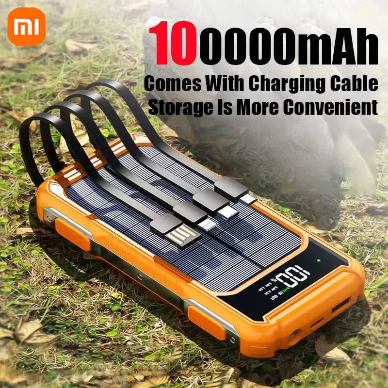 Xiaomi 200000mAh Large Capacity Solar Power Bank 4 in 1 Built in Cable Fastcharge Mobile Power Battery LED Light iPhone Samsung