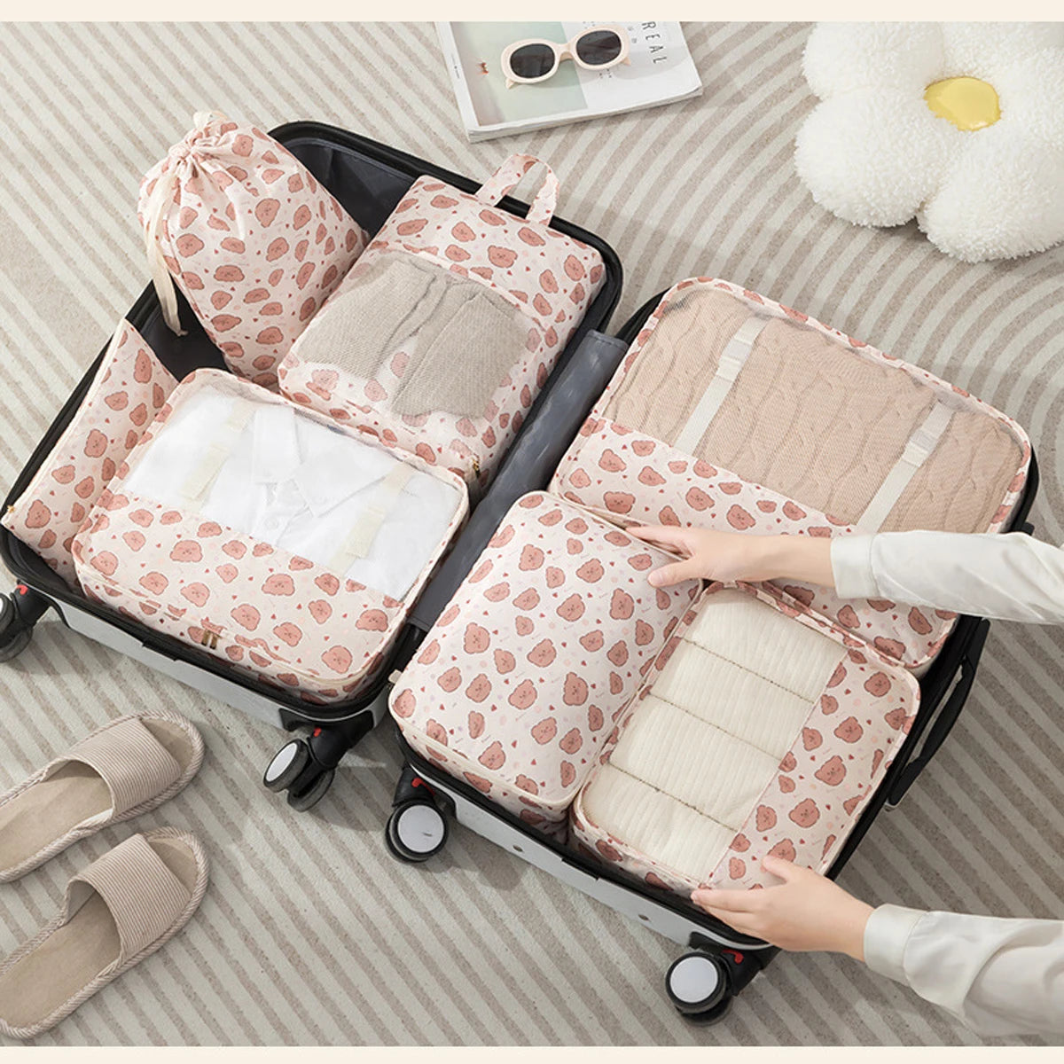 7PCS Travel Packing Cube Printed Cartoon Travel Storage Bag Clothes Shoes Toiletries Sorting Storage Bag for Luggage Suitcase