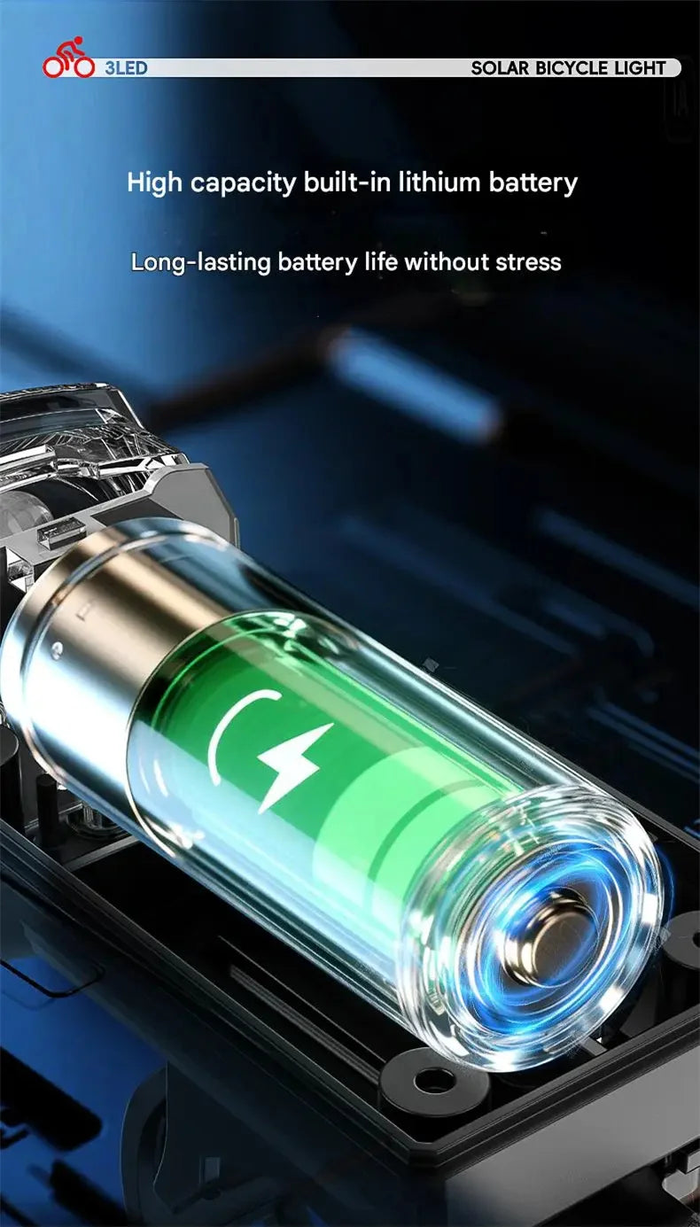 Solar Charging Bicycle Front Light, Wide-Angle 3 LED Headlight MTB Road Bike Flashlight Easy to Install