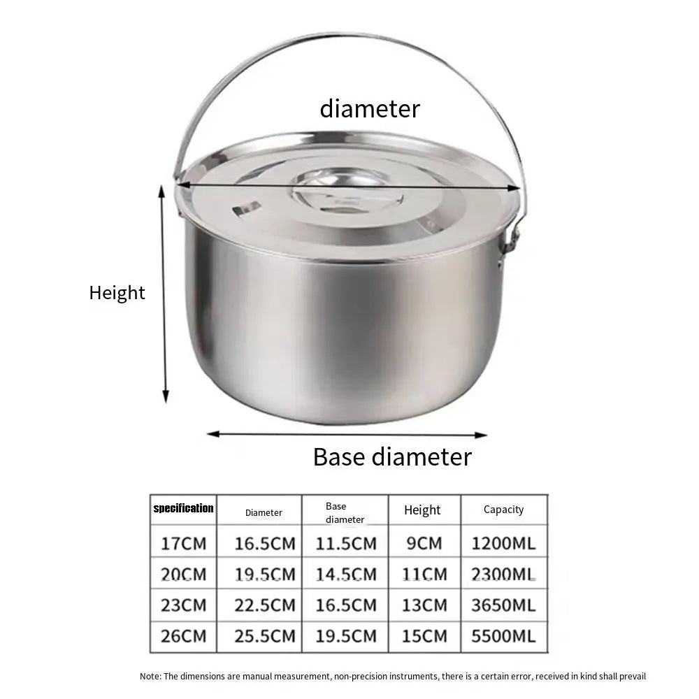 Stainless Steel Outdoor Camping Pot with Handle and Lid 17-26cm Hanging Camping Cookware Durable Multifunctional