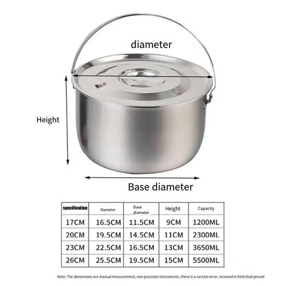 Stainless Steel Outdoor Camping Pot with Handle and Lid 17-26cm Hanging Camping Cookware Durable Multifunctional