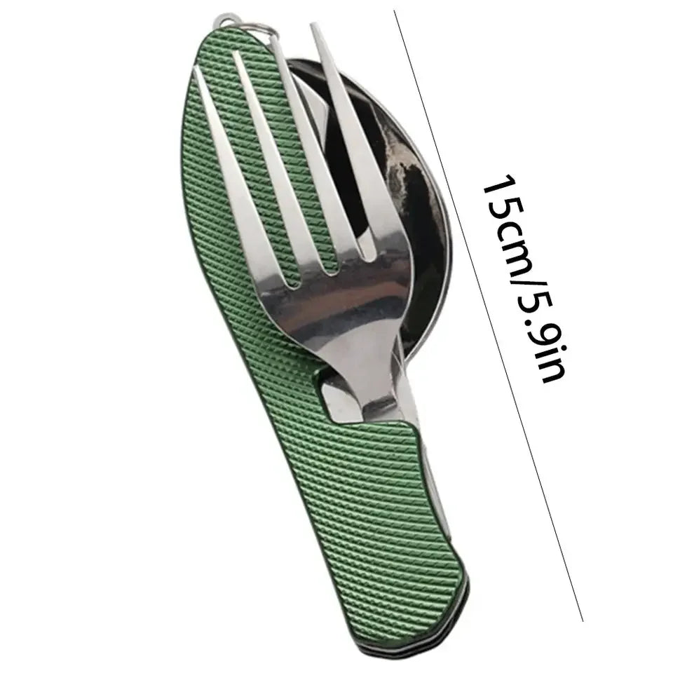 Stainless Steel Cutlery 4in1 Outdoor Picnic Tableware Foldable Knife Fork Spoon Bottle Opener Camping Folding Pocket Cutlery Set