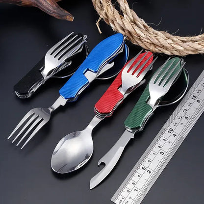 Stainless Steel Cutlery 4in1 Outdoor Picnic Tableware Foldable Knife Fork Spoon Bottle Opener Camping Folding Pocket Cutlery Set