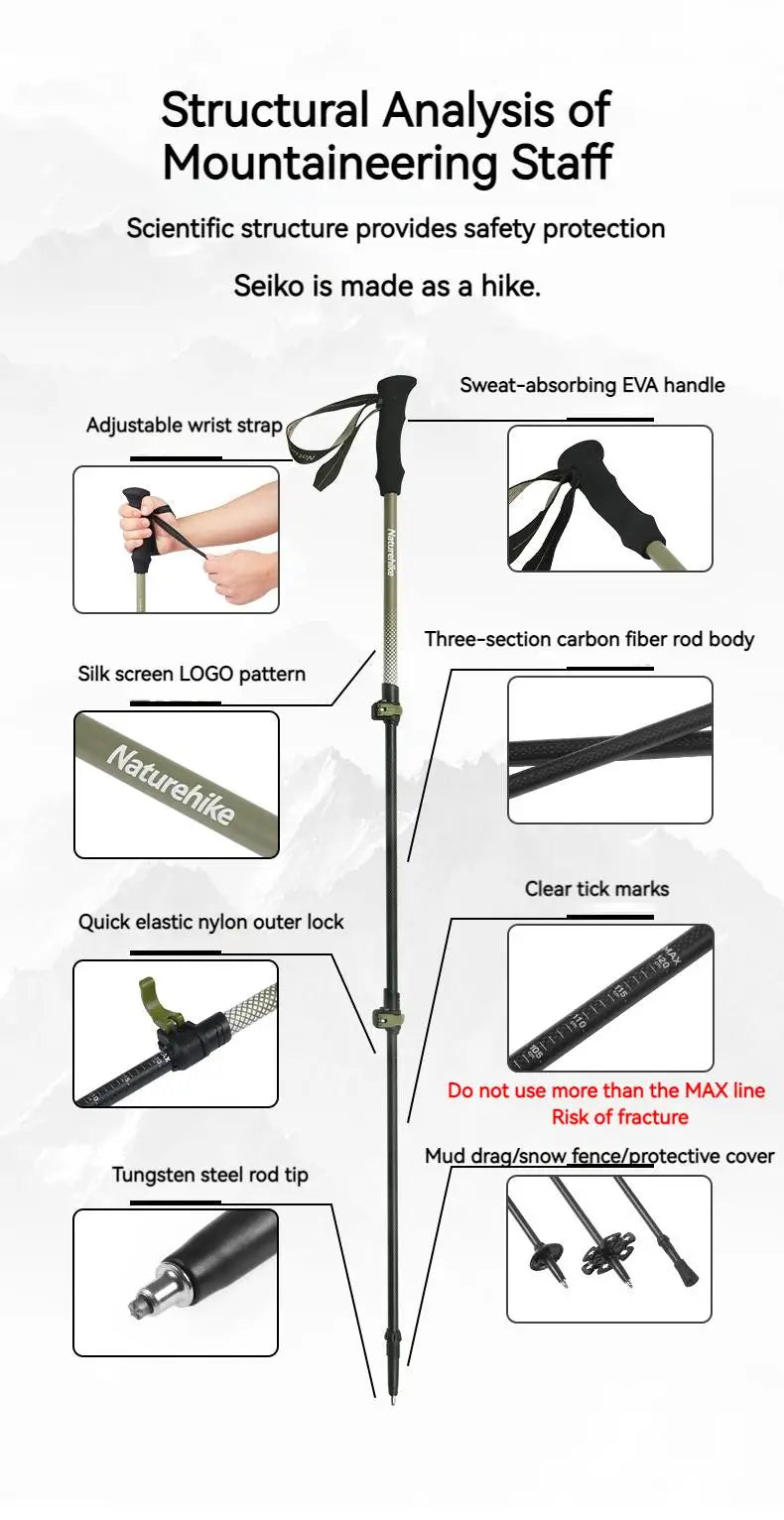 Naturehike 3-Section Trekking Pole 3K Carbon Fiber Ultralight Adjustable EVA Walking Stick Outdoor Hiking Telescopic Pole EXT1