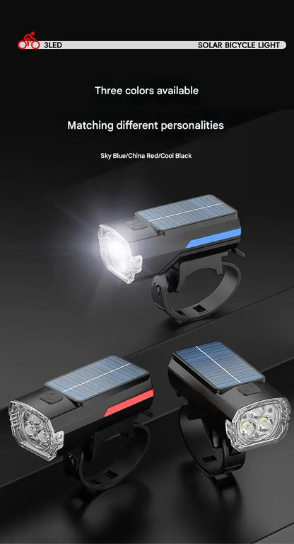 Solar Charging Bicycle Front Light, Wide-Angle 3 LED Headlight MTB Road Bike Flashlight Easy to Install