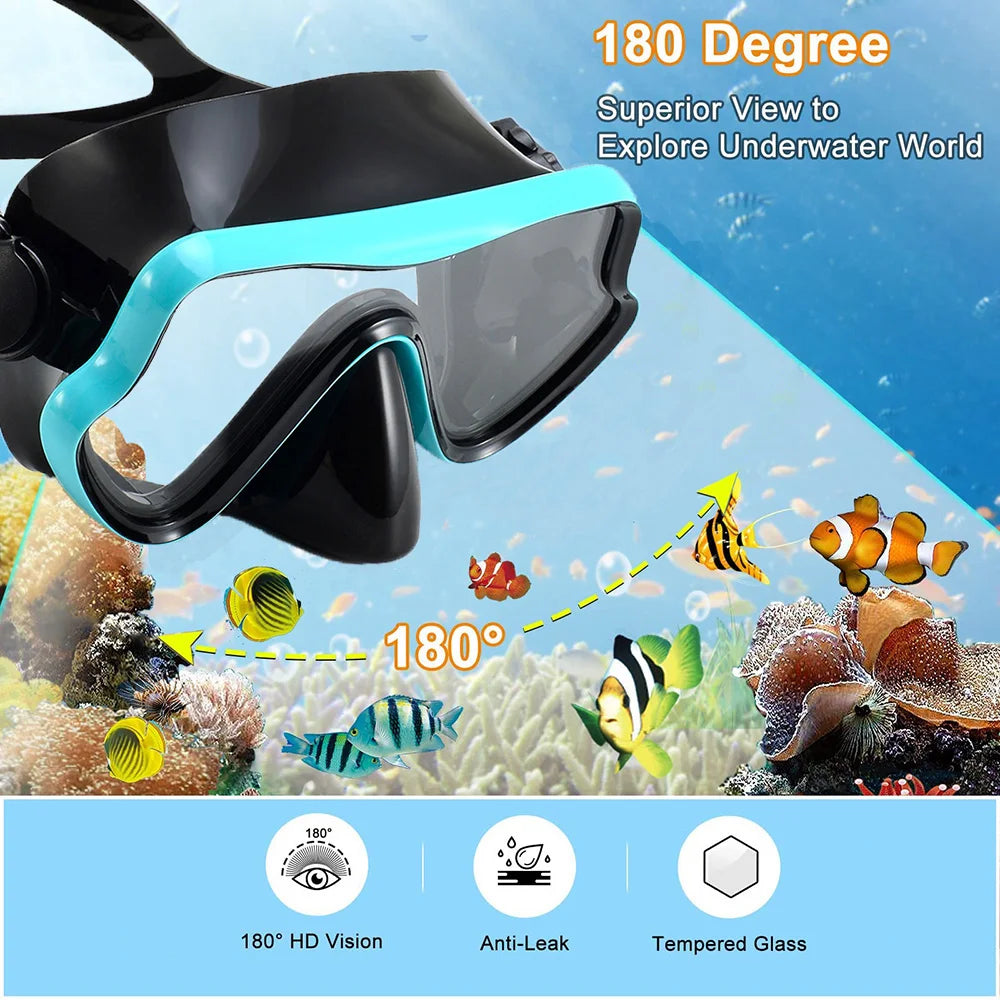 Scuba Diving Mask, Snorkel Set For Adults, Tempered Glass Professional Panoramic Snorkeling Gear, Swimming & Snorkeling Training Set