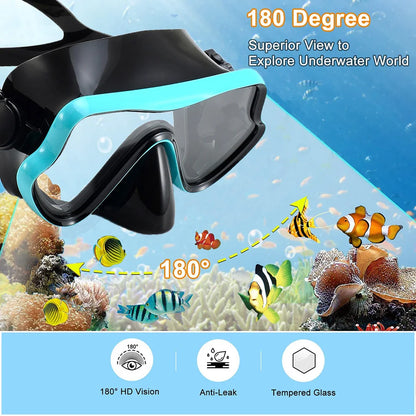 Scuba Diving Mask, Snorkel Set For Adults, Tempered Glass Professional Panoramic Snorkeling Gear, Swimming & Snorkeling Training Set