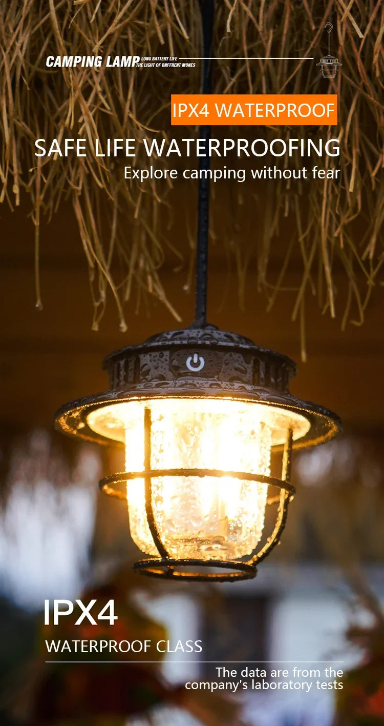Retro Portable Camping Lantern Waterproof Emergency Light Stepless Dimmable Hanging Tent Lamp for Outdoor Hiking