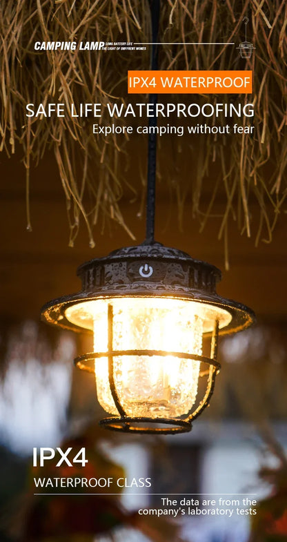 Retro Portable Camping Lantern Waterproof Emergency Light Stepless Dimmable Hanging Tent Lamp for Outdoor Hiking