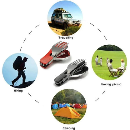 Stainless Steel Cutlery 4in1 Outdoor Picnic Tableware Foldable Knife Fork Spoon Bottle Opener Camping Folding Pocket Cutlery Set