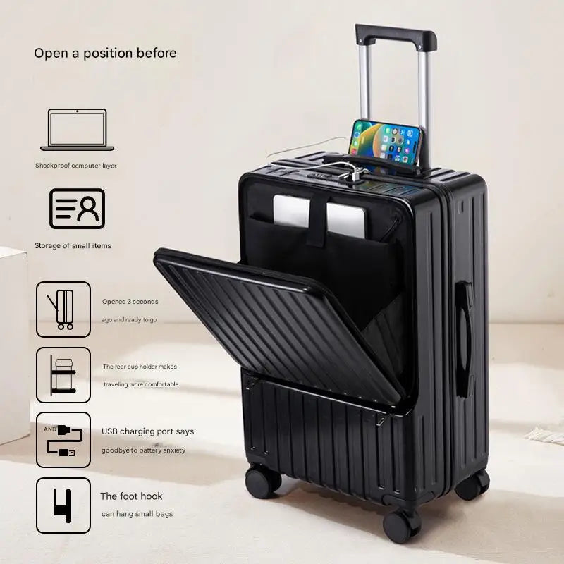Luggage Large Capacity Trolley Case Universal Wheel Handheld Travel Suitcase Front Open Boarding Box Usb Charging Trolley Case