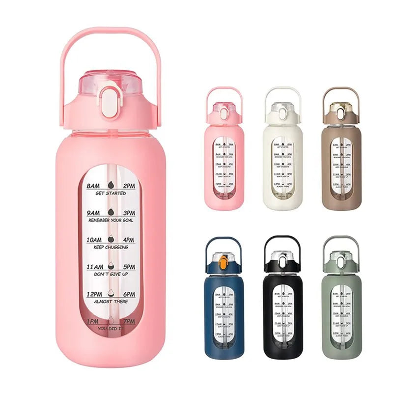 2024 New 946ml/1656ml/1892ml Glass Bottle With Silicone Straw Sleeve And Time Marker Camping Home Office Gym Glass Water Bottle