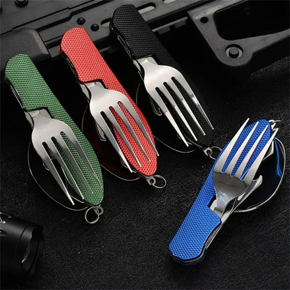 Stainless Steel Cutlery 4in1 Outdoor Picnic Tableware Foldable Knife Fork Spoon Bottle Opener Camping Folding Pocket Cutlery Set