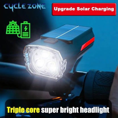 Solar Charging Bicycle Front Light, Wide-Angle 3 LED Headlight MTB Road Bike Flashlight Easy to Install