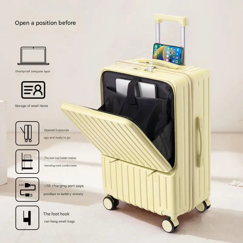 Luggage Large Capacity Trolley Case Universal Wheel Handheld Travel Suitcase Front Open Boarding Box Usb Charging Trolley Case