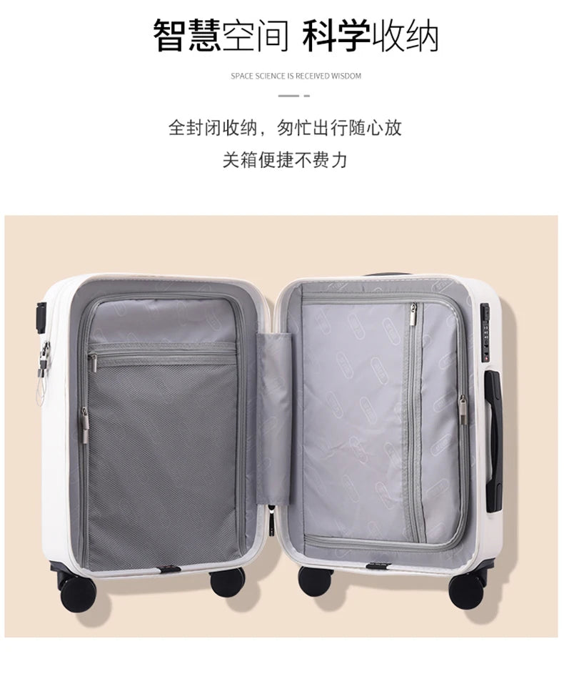 New front opening boarding suitcase men women 20/24/26 inch lightweight trolley travel luggage fashion USB charging luggage