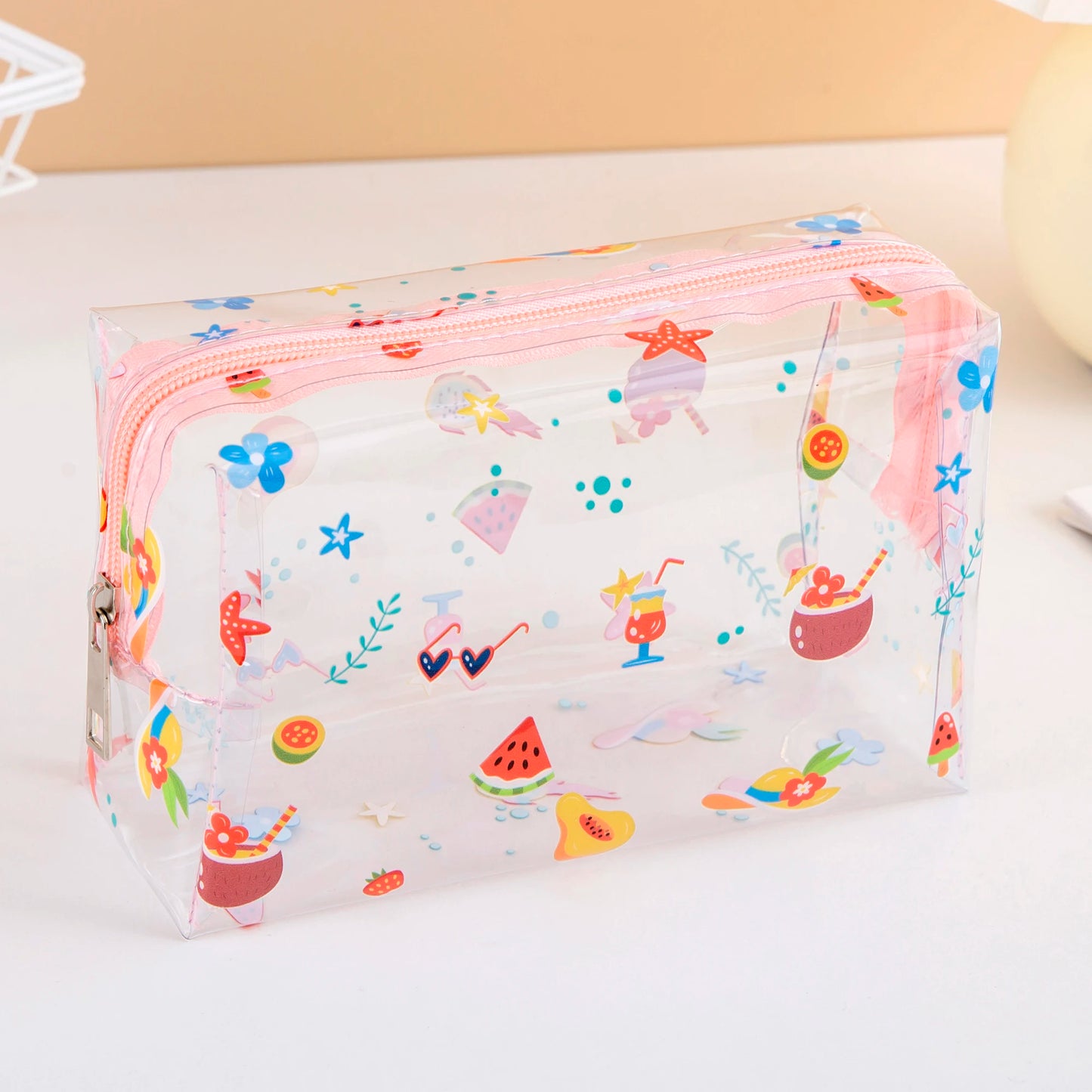 Summer Cute Waterproof Clear printing Cosmetics Bag PVC Zippered Toiletry Carry Pouch  for  Beach Swimming Travel