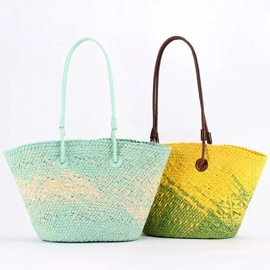 Gradient Color Straw Shoulder Bag, Beach Vacation Travel Tote Bag