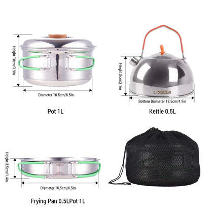 Collapsible Camping Cookware Stainless Steel for 1-2 People Cooking Pot Frying Pan Suitable for All Stove Types Lightweight