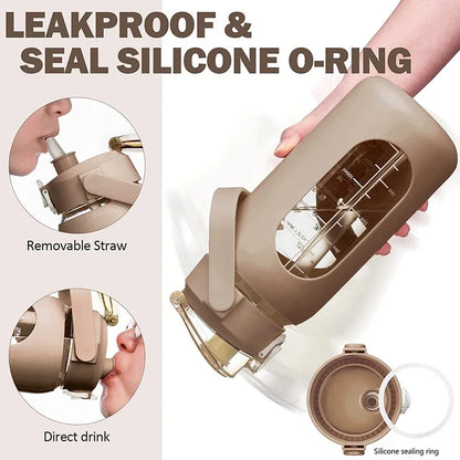 2024 New 946ml/1656ml/1892ml Glass Bottle With Silicone Straw Sleeve And Time Marker Camping Home Office Gym Glass Water Bottle