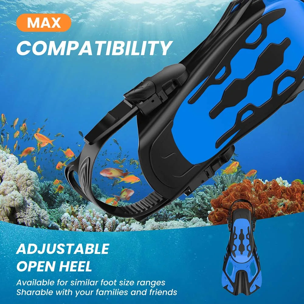 Adjustable Fins for Snorkeling, Diving, Open Heel Swimming Flippers