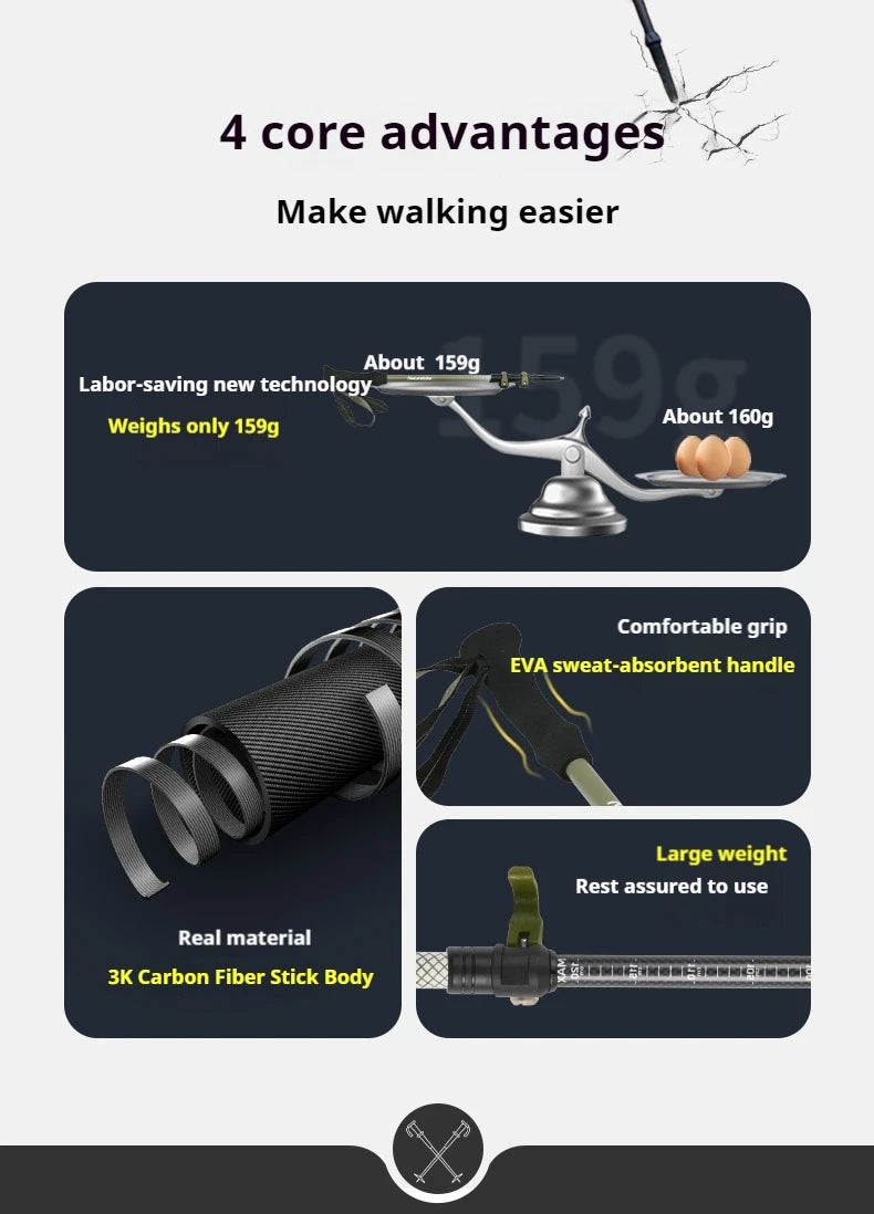 Naturehike 3-Section Trekking Pole 3K Carbon Fiber Ultralight Adjustable EVA Walking Stick Outdoor Hiking Telescopic Pole EXT1