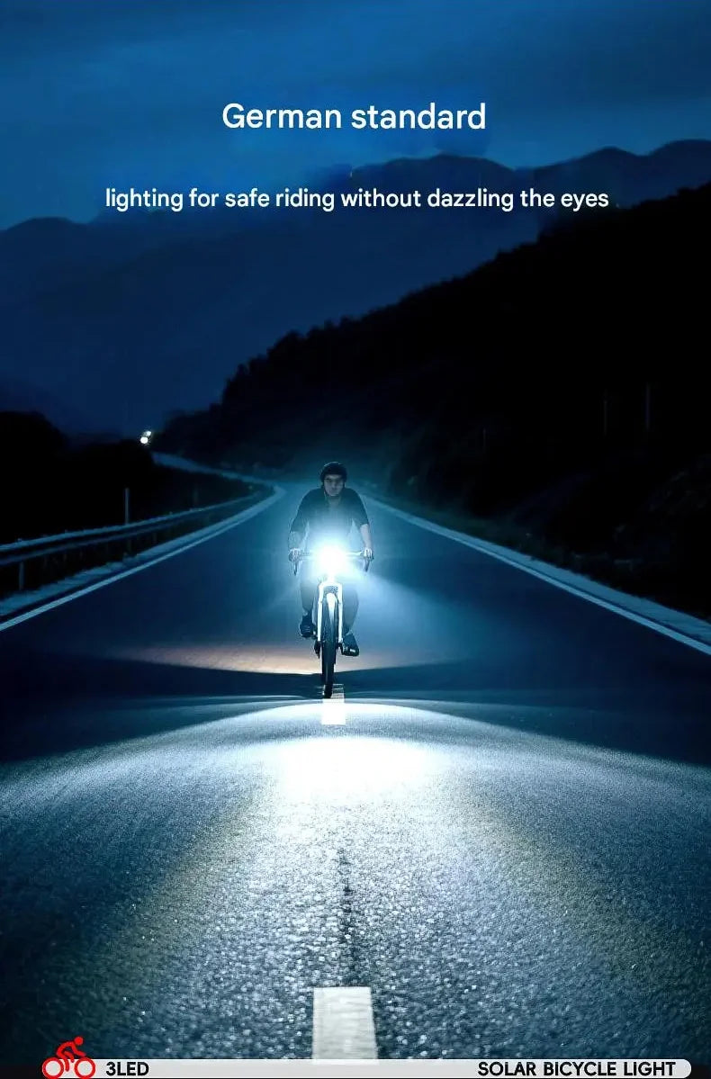 Solar Charging Bicycle Front Light, Wide-Angle 3 LED Headlight MTB Road Bike Flashlight Easy to Install
