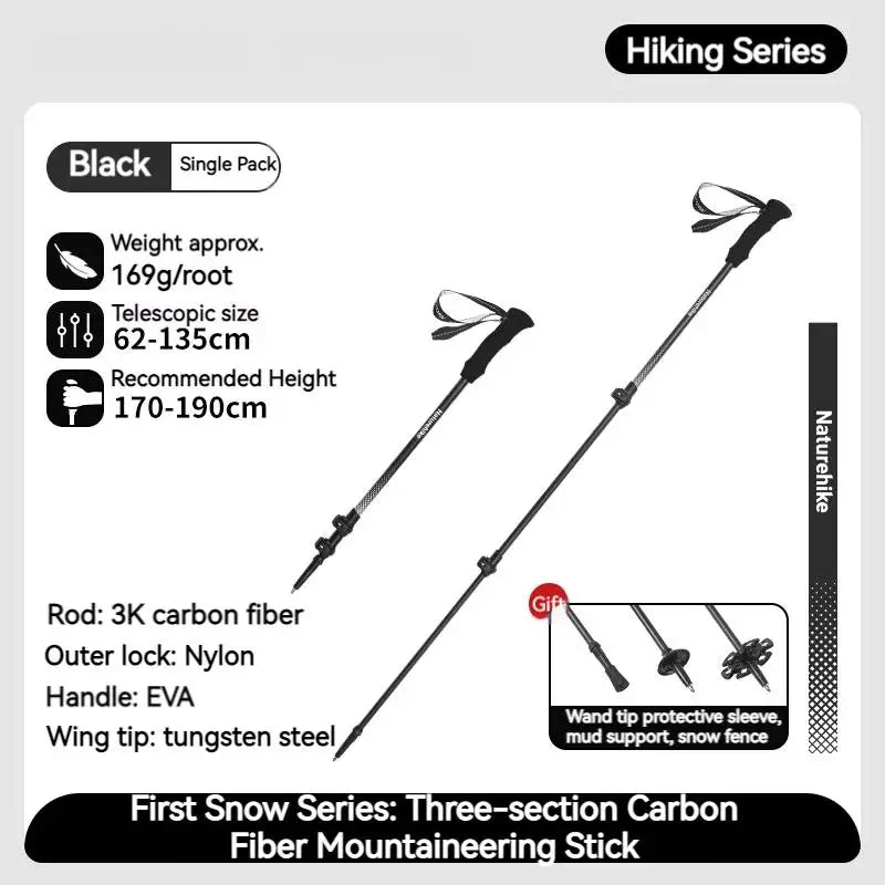 Naturehike 3-Section Trekking Pole 3K Carbon Fiber Ultralight Adjustable EVA Walking Stick Outdoor Hiking Telescopic Pole EXT1