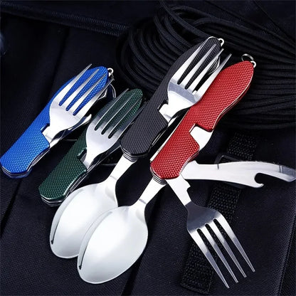 Stainless Steel Cutlery 4in1 Outdoor Picnic Tableware Foldable Knife Fork Spoon Bottle Opener Camping Folding Pocket Cutlery Set