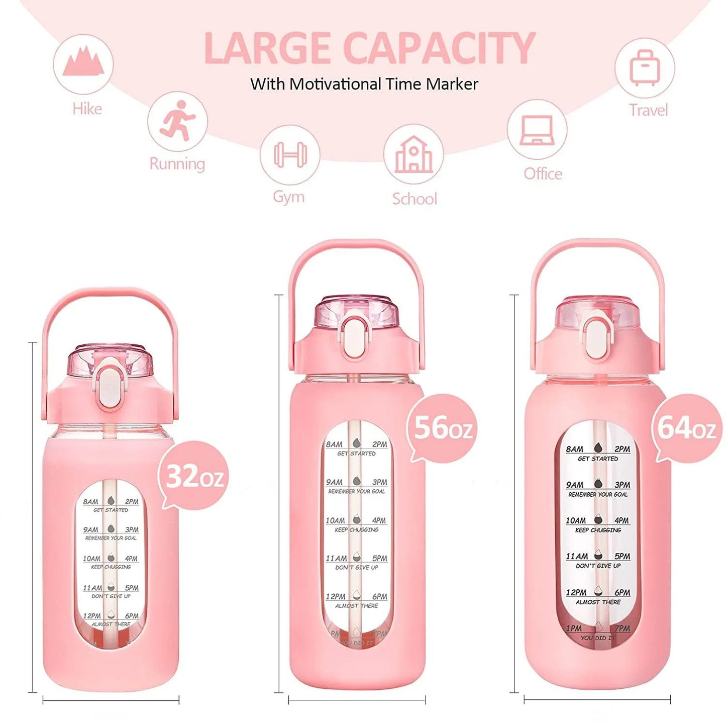 2024 New 946ml/1656ml/1892ml Glass Bottle With Silicone Straw Sleeve And Time Marker Camping Home Office Gym Glass Water Bottle