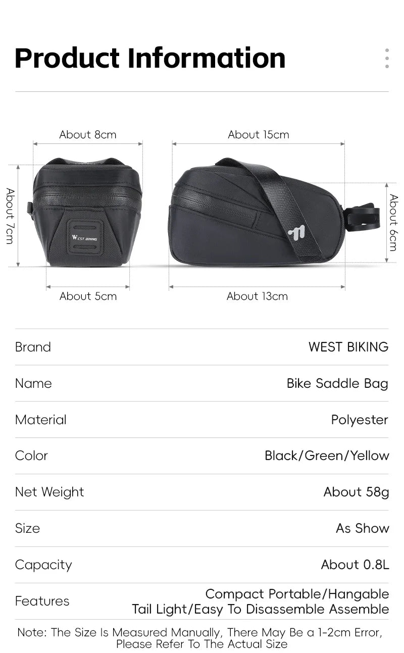 Bicycle Saddle Bag Lightweight Portable Bike Bag 0.8L Multi-Function Storage Pouch Tail Bag Cycling Accessories