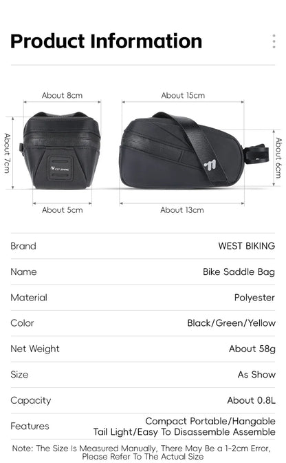 Bicycle Saddle Bag Lightweight Portable Bike Bag 0.8L Multi-Function Storage Pouch Tail Bag Cycling Accessories