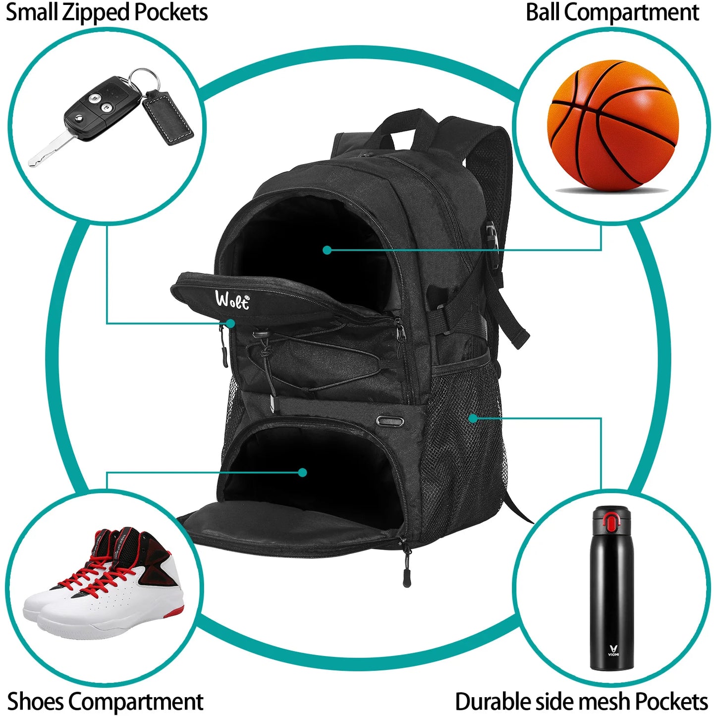 Sport Backpack, with Separate Ball Holder & Shoes Compartment, Best for Basketball, Soccer, Volleyball