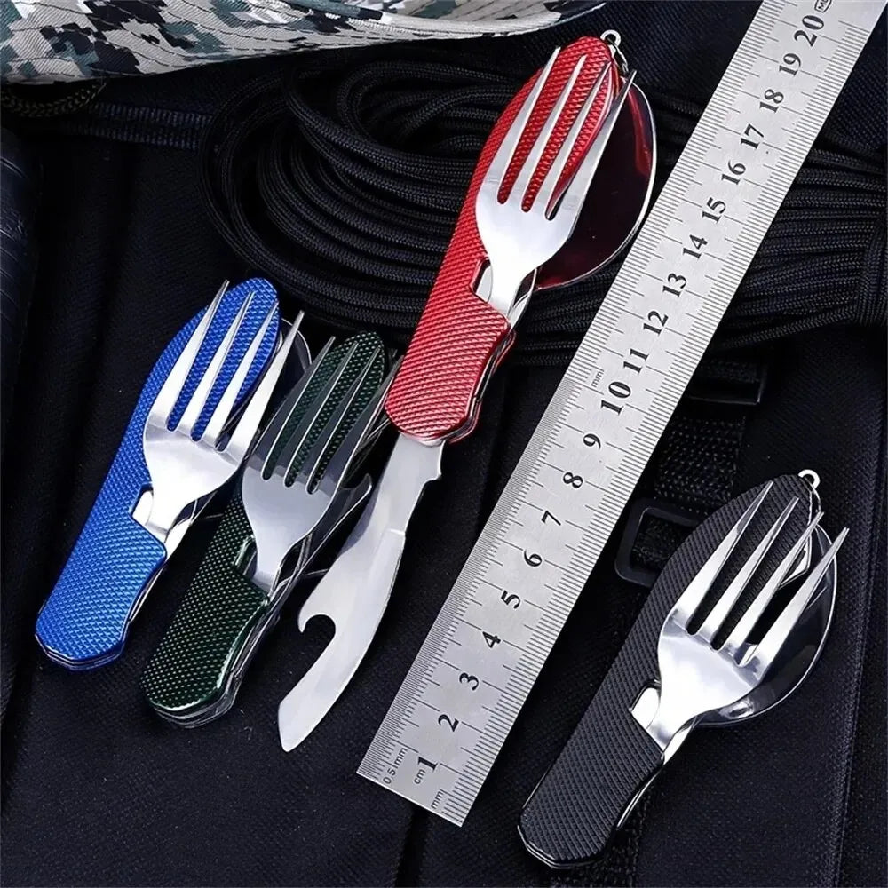 Stainless Steel Cutlery 4in1 Outdoor Picnic Tableware Foldable Knife Fork Spoon Bottle Opener Camping Folding Pocket Cutlery Set