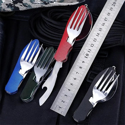 Stainless Steel Cutlery 4in1 Outdoor Picnic Tableware Foldable Knife Fork Spoon Bottle Opener Camping Folding Pocket Cutlery Set