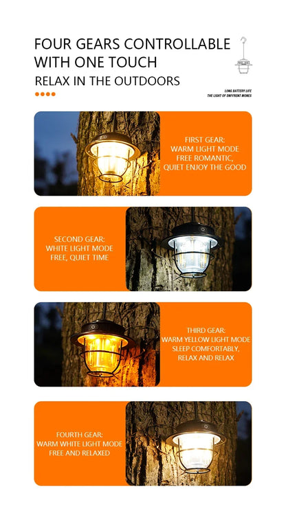 Retro Portable Camping Lantern Waterproof Emergency Light Stepless Dimmable Hanging Tent Lamp for Outdoor Hiking