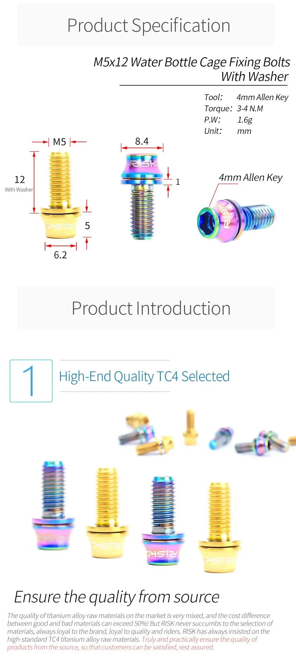 M5x12mm Titanium Alloy Bike Bottle Holder Screw Bicycle Water Bottle Cage Bolts Mountain Road Bike Accessories