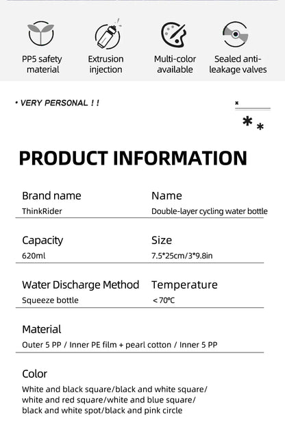 Insulated Cycling Water Bottle 620ml/21oz MTB Ultralight Sports Bottle