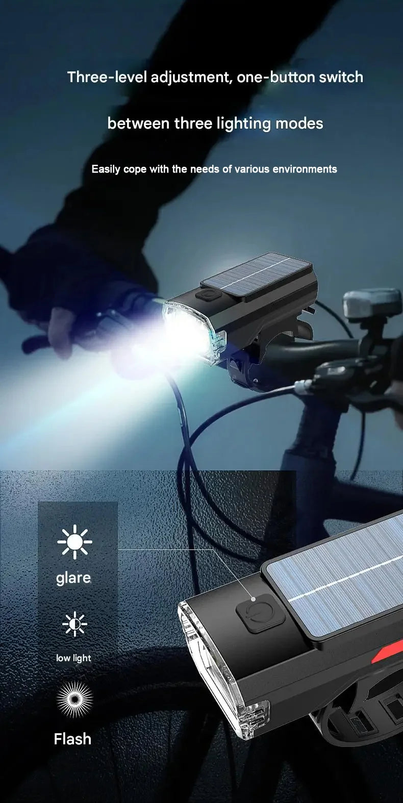 Solar Charging Bicycle Front Light, Wide-Angle 3 LED Headlight MTB Road Bike Flashlight Easy to Install