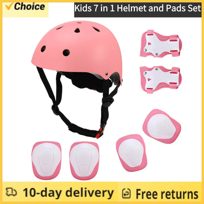 Kids 7 in 1, Helmet and Pads Set, Adjustable, Knee Pads Elbow Pads Wrist Guards for Scooter, Skateboard, Roller Skating, Cycling