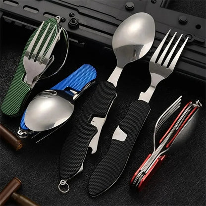 Stainless Steel Cutlery 4in1 Outdoor Picnic Tableware Foldable Knife Fork Spoon Bottle Opener Camping Folding Pocket Cutlery Set